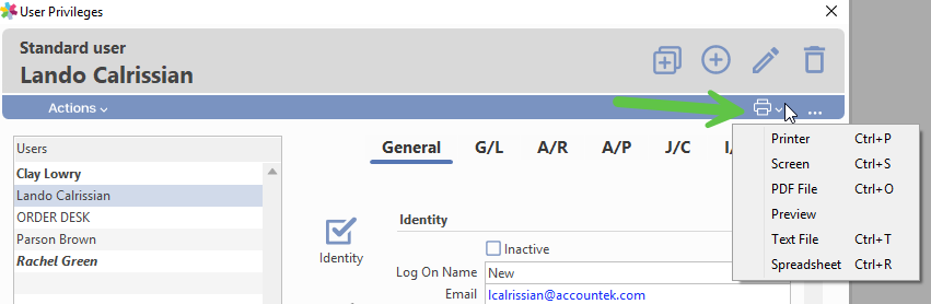 Print dialog for the User Privileges list