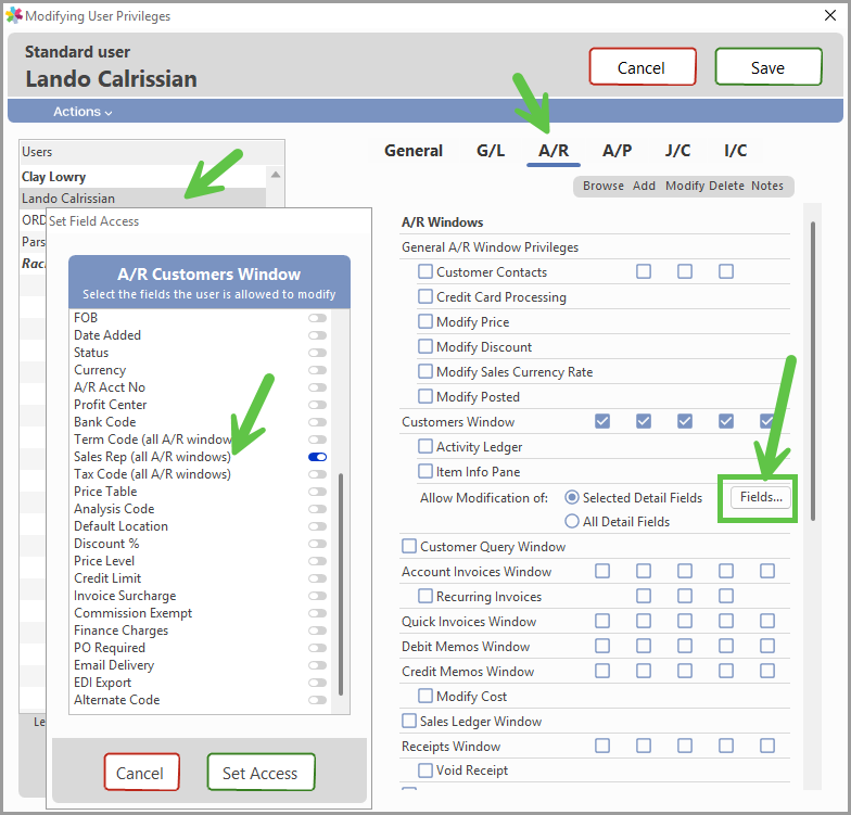 Field-specific access settings in the A/R Customers window
