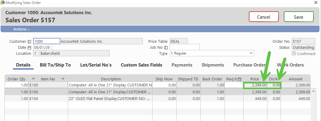 Account Invoice window with Price and Discount fields blocked