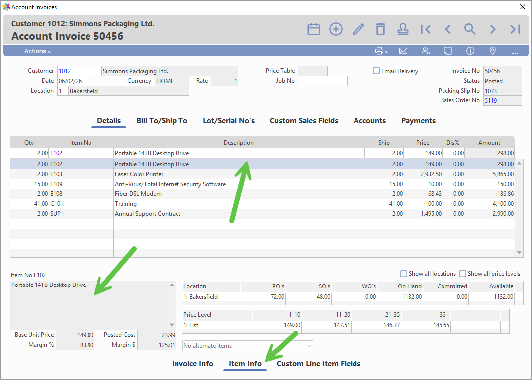 Account Invoice window showing cost and margin fields