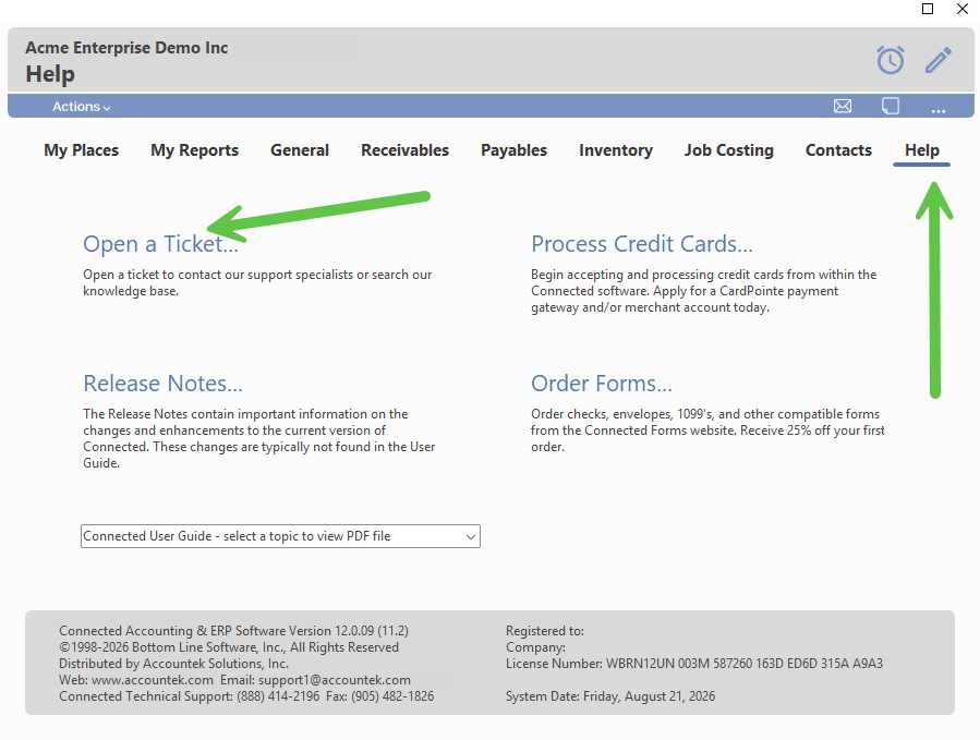 Help tab interface showing the Open a Ticket option