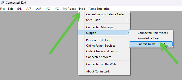 Menu navigation showing the Help menu path to Submit Ticket
