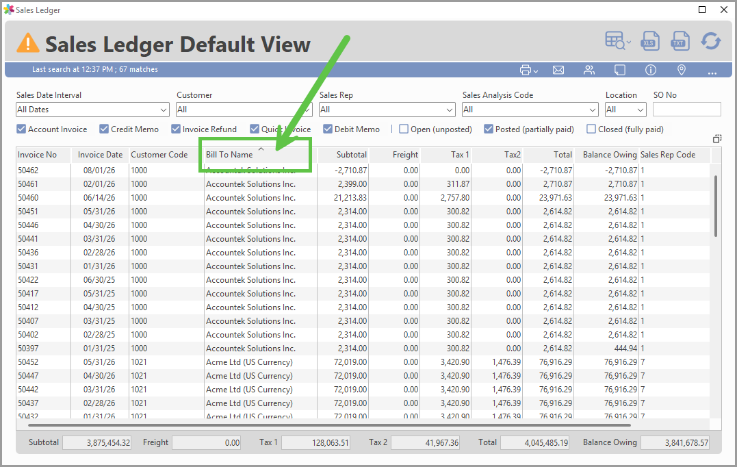 Sort arrow indicator on a Ledger window column heading