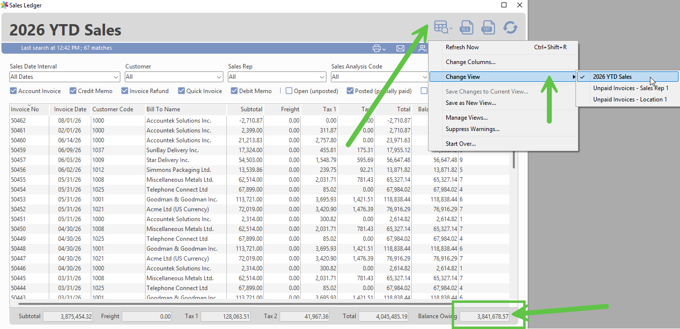 Saved Connected View filtered for sales year to date, first example