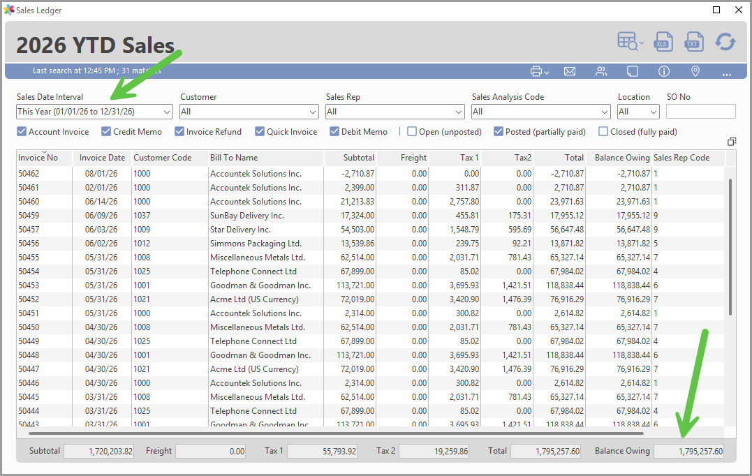 Saved Connected View filtered for sales year to date, second example