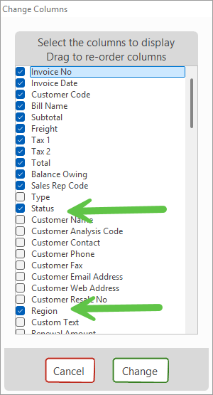 Column selection list showing Status and Region added