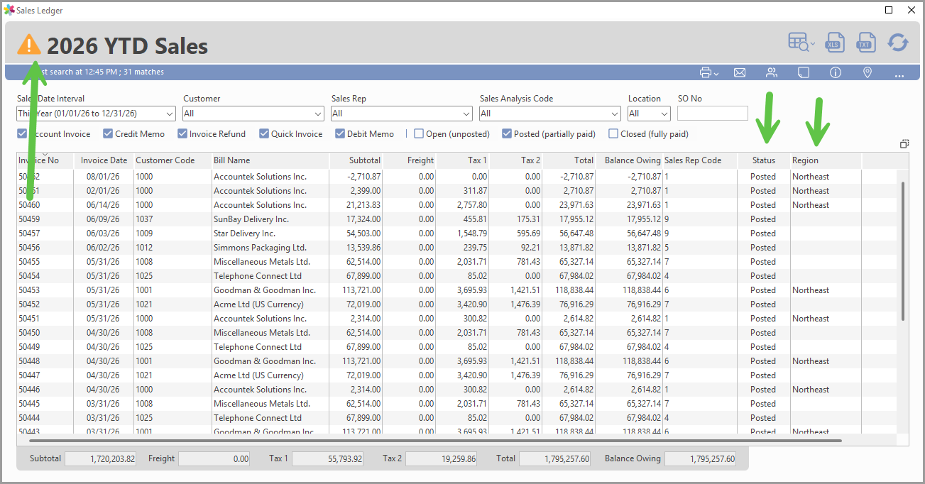 Column order confirmation in the Ledger window