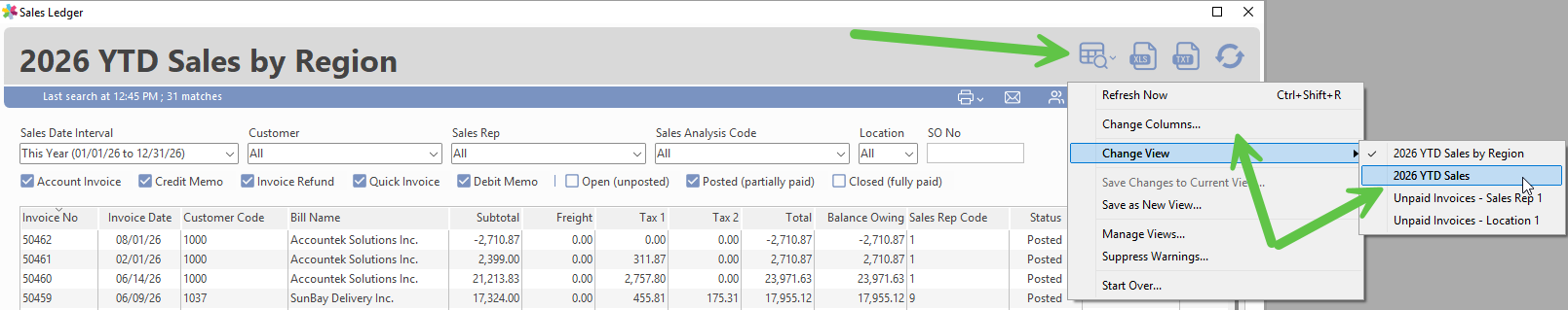 Selecting a saved Connected View from the list