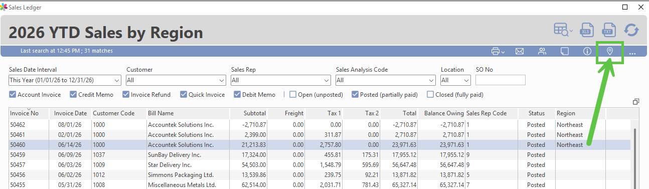 Pin icon selected on a line item in a Ledger window