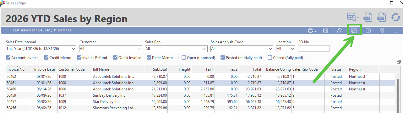 Note icon shown on an invoice line in the Ledger window