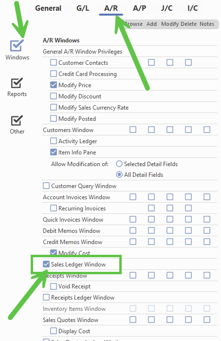 User Privileges A/R tab showing the Sales Ledger Window access checkbox