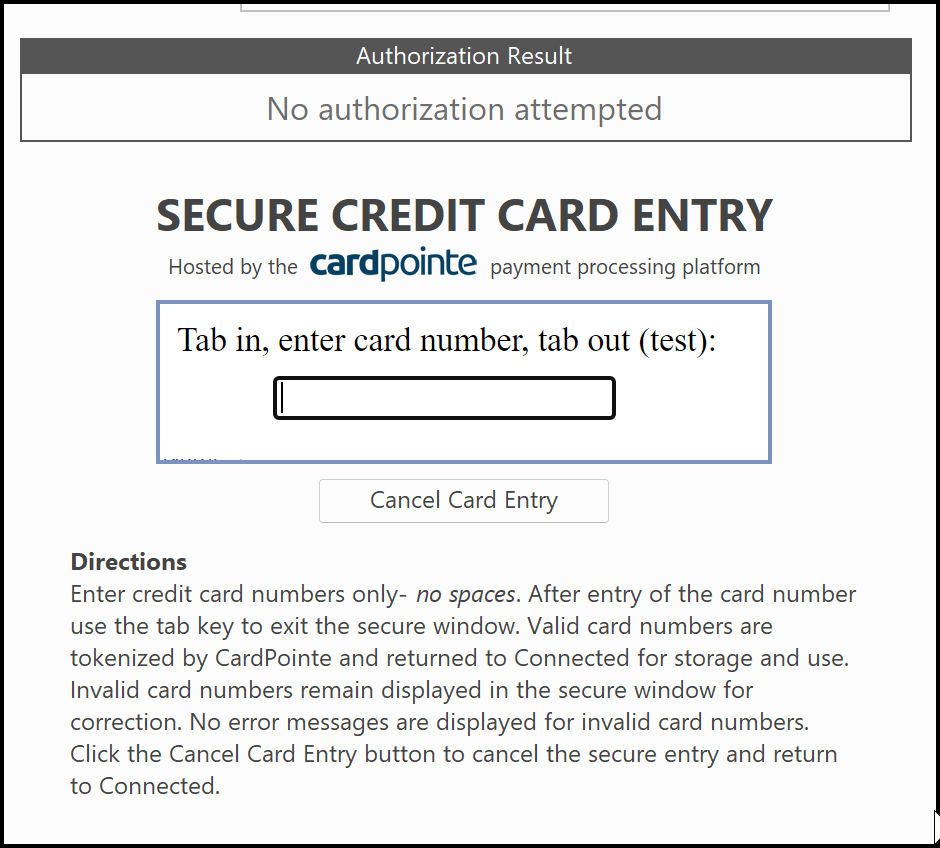 CardPointe Secure Card Entry window
