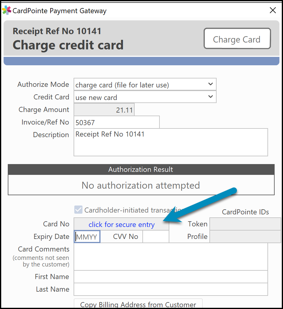 Location of the click for secure entry link beside the Card No field