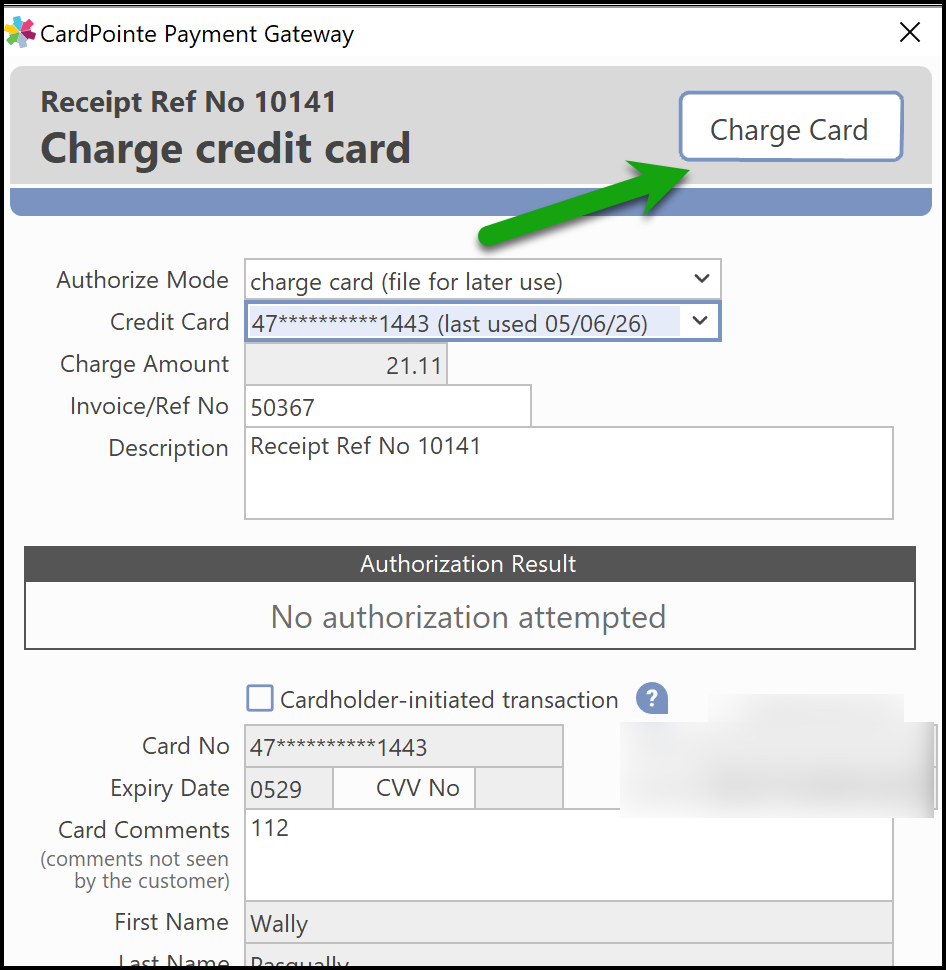 Charge Card button in the CardPointe Payment Gateway window
