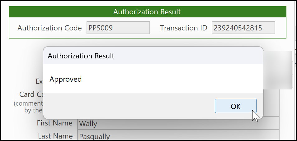 Approval confirmation message after charging the card