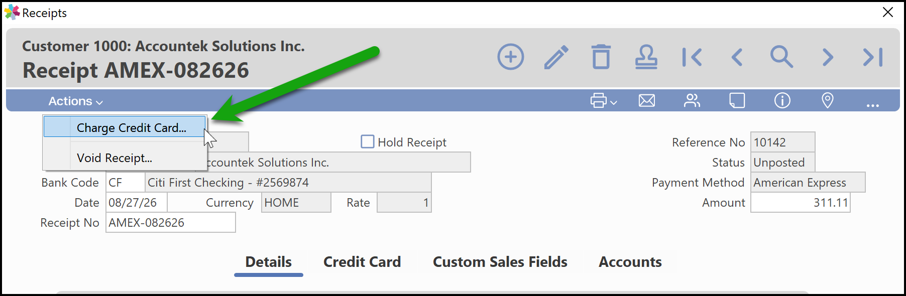 Receipts window with Charge Credit Card selected from the Actions menu