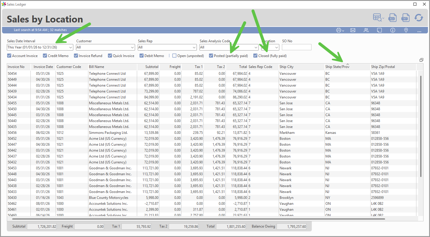 Saved Sales By Location Ledger view with the selected data columns
