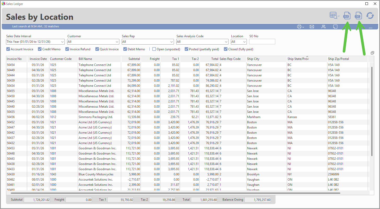 Export icon in the top right of the Sales Ledger window