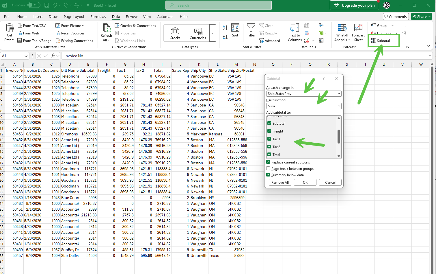 Subtotal icon location in Excel