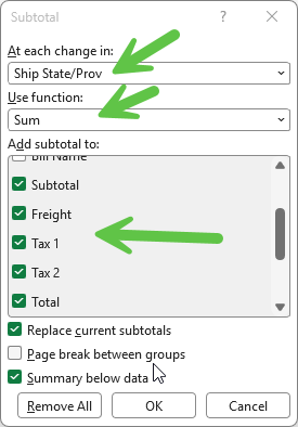 Subtotal options dialog in Excel