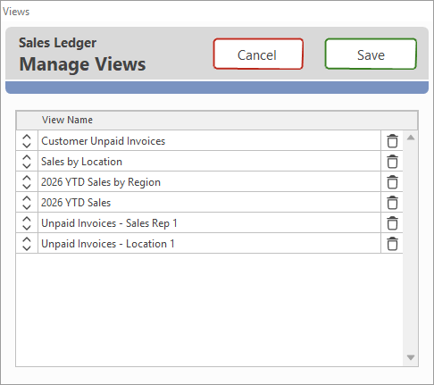Manage Views screen for reordering, renaming, or deleting saved views