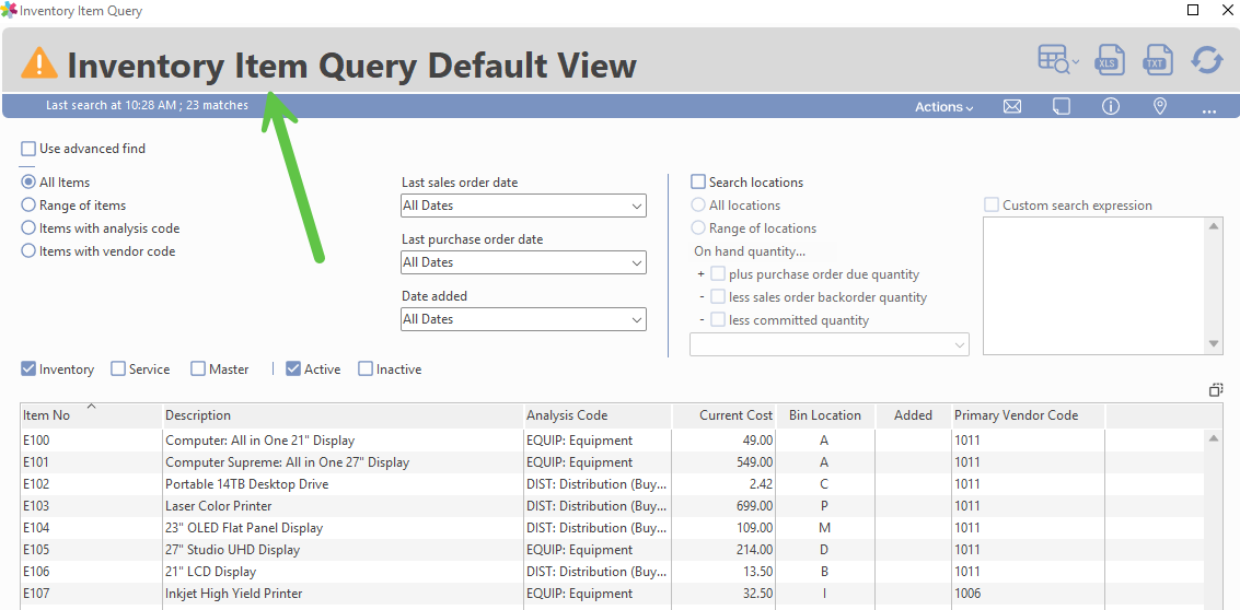 Inventory Item Query default view before filtering
