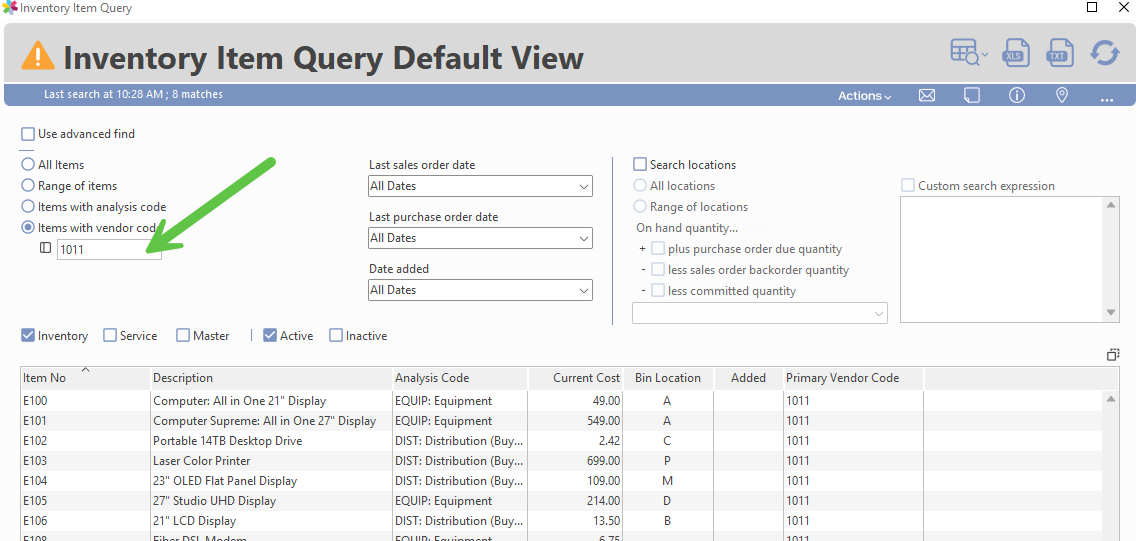 Inventory Item Query view filtered by vendor code