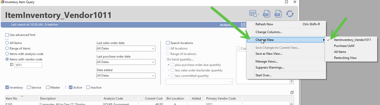 Change View menu listing multiple saved vendor views