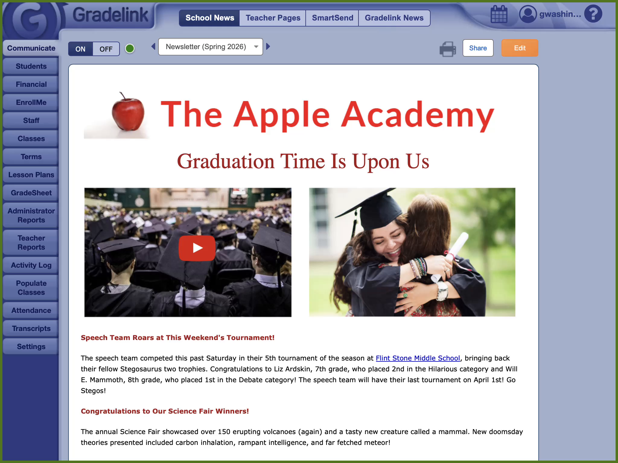 School News overview with the selected post preview