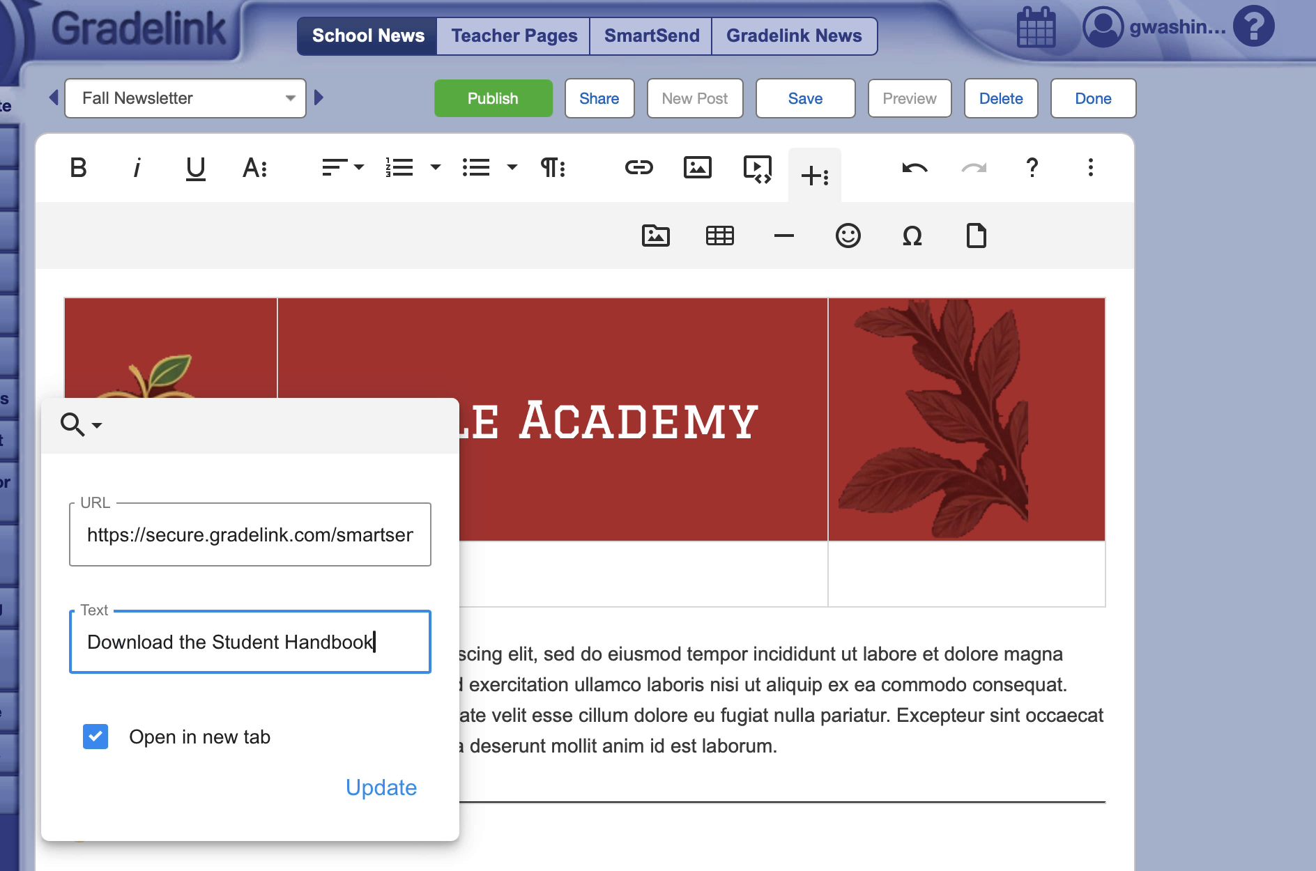 File link palette for editing the URL and link title