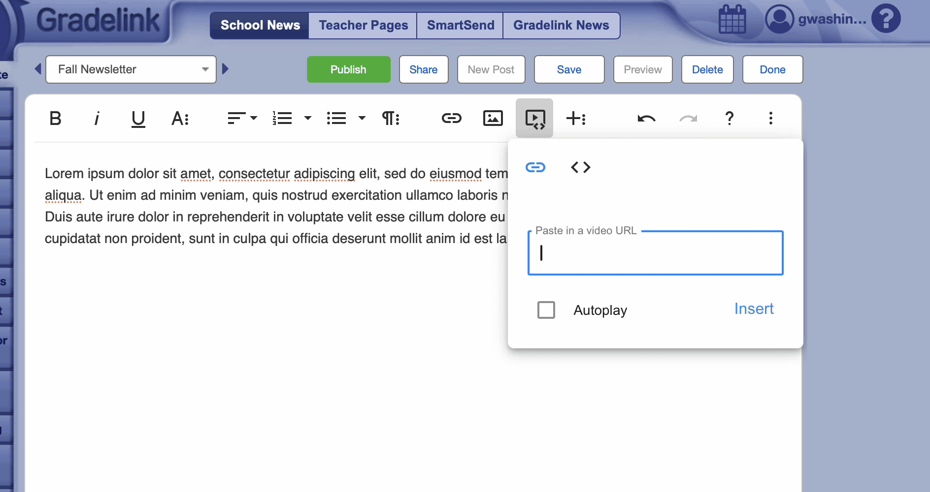 Inserting a YouTube video and a Google Calendar embed into a post