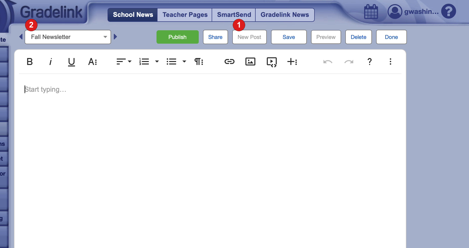 School News editor with a new Fall Newsletter post and Start typing placeholder