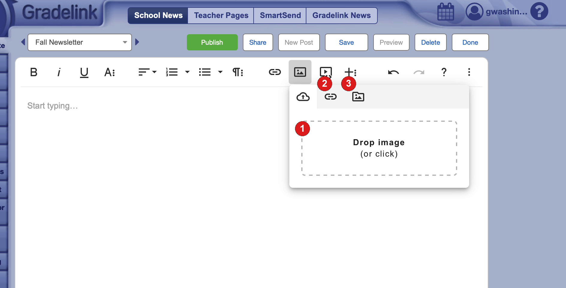 Insert image palette with Drop image, By URL, and Browse Favorites