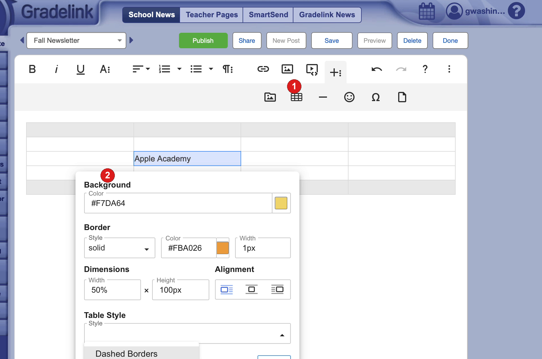 Plus menu table icon and Table properties with background color