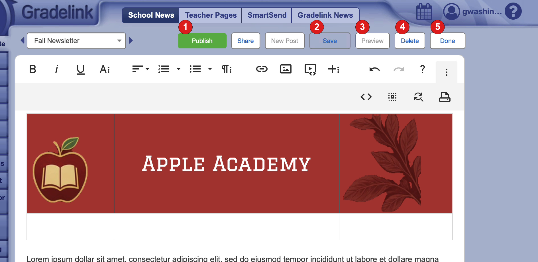 Editor action bar with Publish, Save, Preview, Delete, and Done