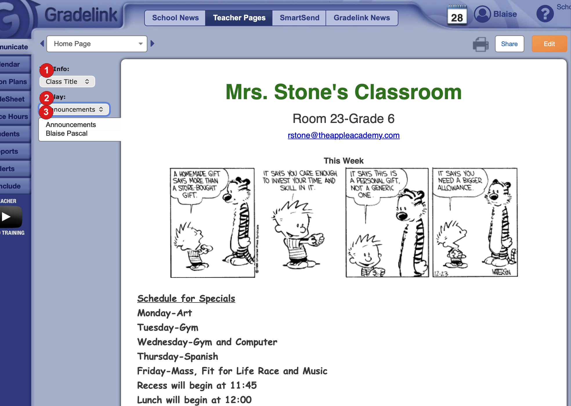 Teacher Pages with Tab Info, Display, and the page list