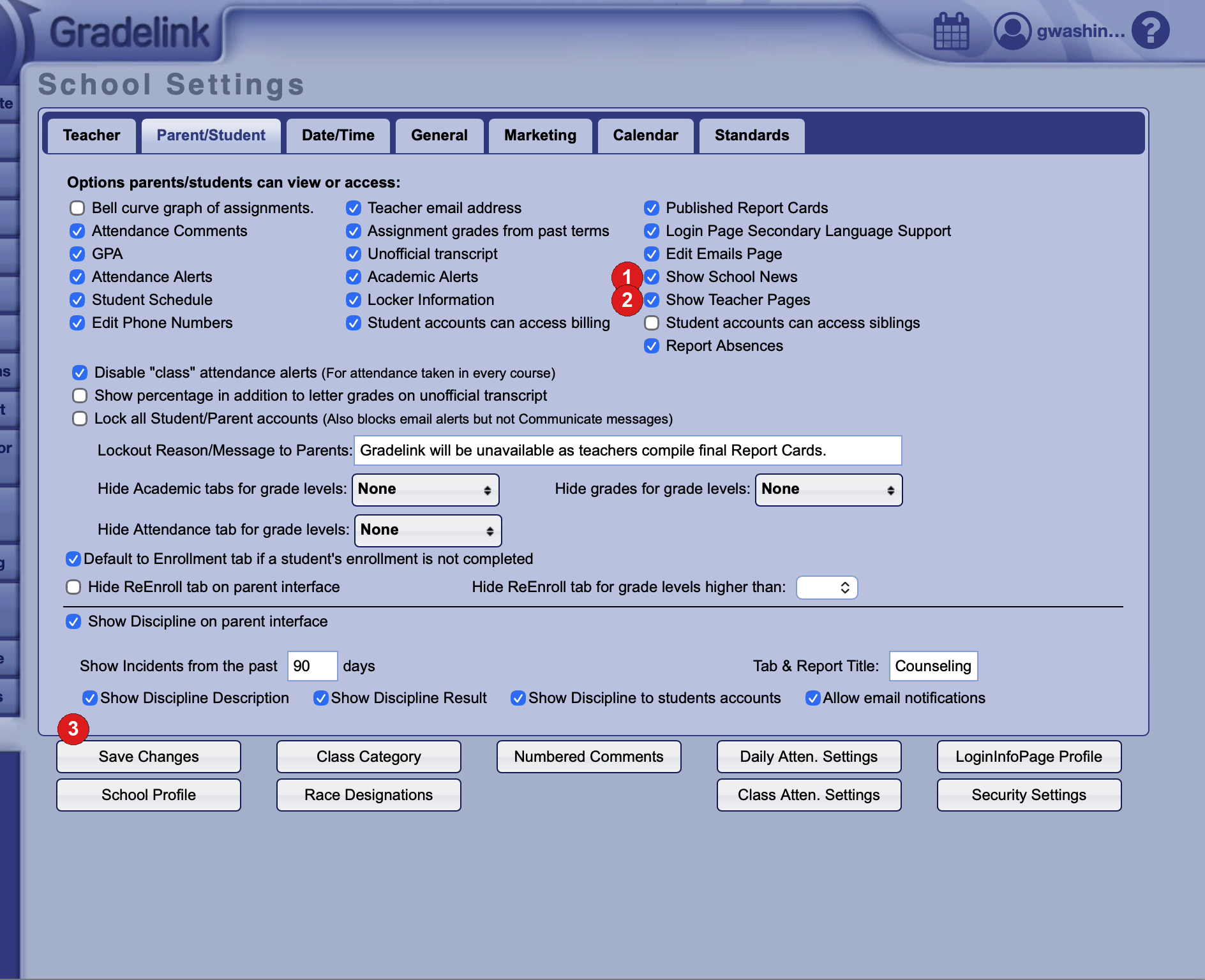 Show School News, Show Teacher Pages, and Save Changes on the Parent/Student settings tab