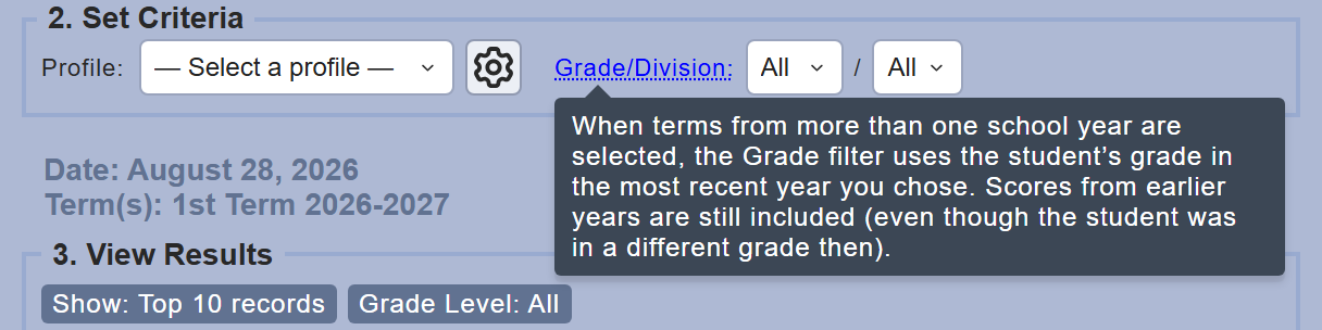 The Set Criteria row with the Grade/Division help description showing below the label