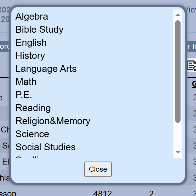 The Included Classes window listing class titles such as Algebra, English and Math, with a Close button