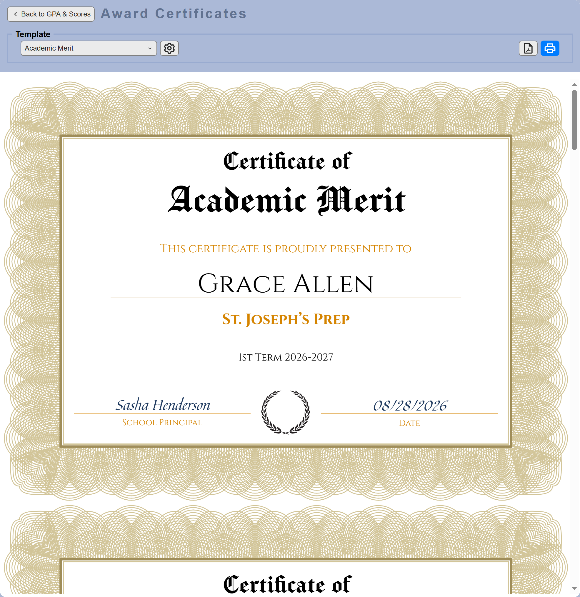The Award Certificates page showing a finished certificate for the first student
