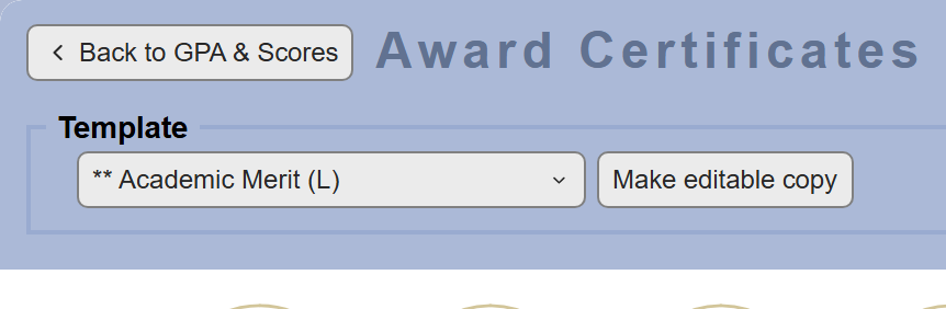 The certificate page with a built-in template selected and the Make editable copy button