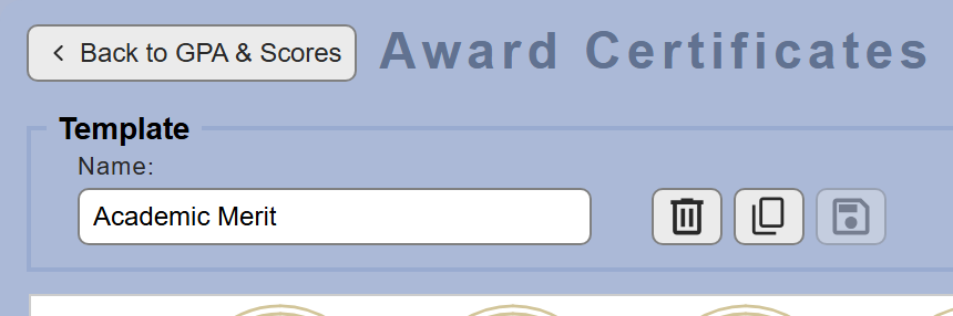 The editor's Name box with the delete, duplicate and save icons