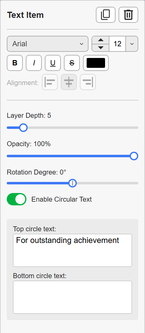 Text item properties panel with circular text enabled and the bottom circle text field