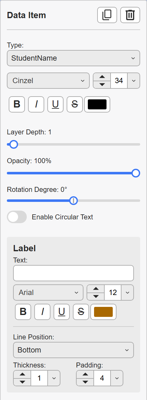 The full data item properties panel with type, typography, sliders and label settings