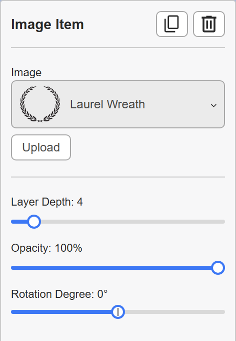 The full image item properties panel with the picker, Upload button and sliders