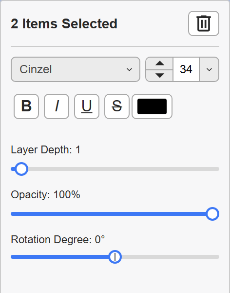 The reduced group properties panel for two selected items