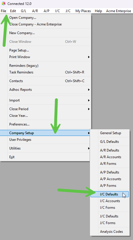 I/C Default setup window with the Use Price Matrix option