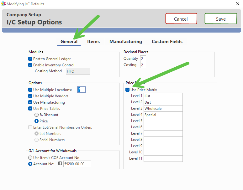 Additional Price Matrix setup options