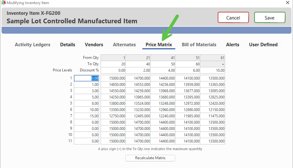 Price Matrix tab location on an inventory item