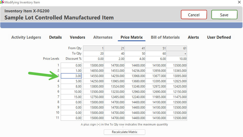 Discount percentage entry fields for each price level
